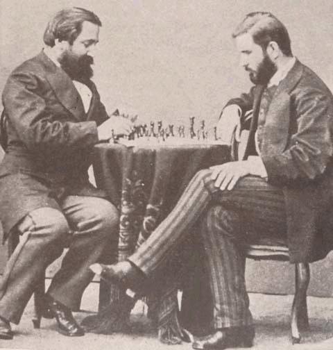 Georgian writers Ilia Chavchavadze and Ivane Machabeli playing chess, 1873 St Petersburg. Public domain photo.